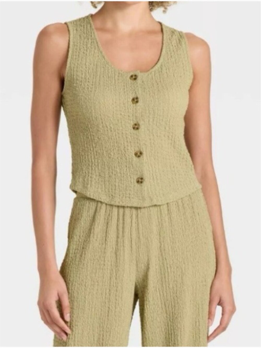 A New Day Sage Green Crinkle Vest Button Front Top Large L 12 14 New w Tags NWT